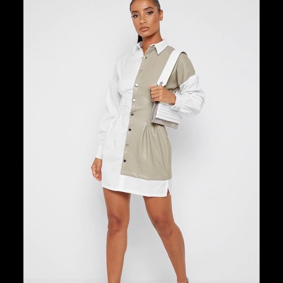 *Like New* MANIÈRE DE VOIR Half Vegan Leather Shirt Dress | White - Picture 2 of 5